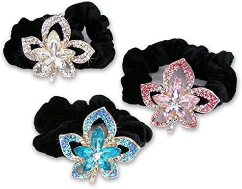 Jeweled Flower Black Elastic Hair Tie Scrunchies - Set of 3-1 has Clear, 1 has Pink & 1 has Blue Crystal Rhinestone Jewels - Long Hair Accessories