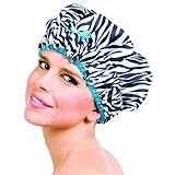 Betty Dain Sassy Stripes Shower Cap, Zebra Print/Teal Trim