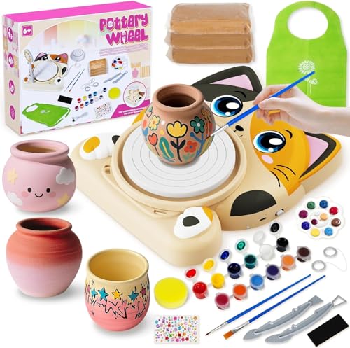 Pottery Lathe for Kids, Complete Ceramic Lathe Set for Beginners, Creative Craft Kit 6+ Years with 3 x Air Drying Clay, Pottery Kit, Gift for Boys and Girls (Cat Motif)