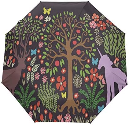 Kaaridream 日傘 折りたたみ傘 ワンタッチ 自動開閉 完全遮光 Uvカット 晴雨兼用 軽量 折り畳み レディース メンズ ユニコーン 鹿 蝶柄 花柄 树 アニマル 黒 ブラック かわいい 可愛い 丈夫 耐風 撥水 コンパクト おしゃれ かわいい 8本骨 遮熱 紫外線対策 日焼け止め