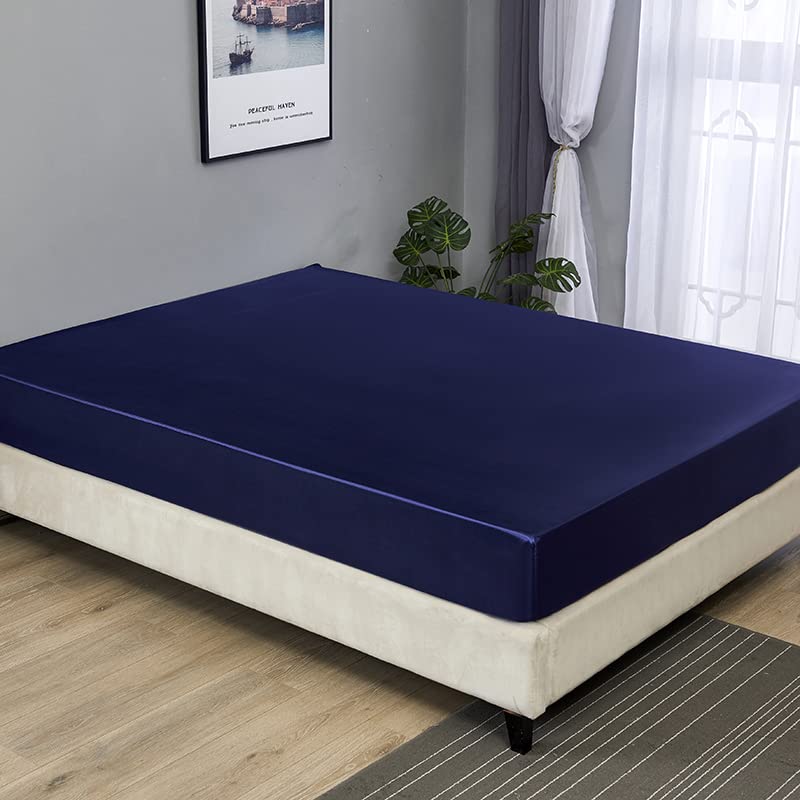JUWENIN Luxury Silk Satin Deep 12" Skin Beauty Hair Health Face Care Hypoallergenic Fitted Sheet (Double, Navy)