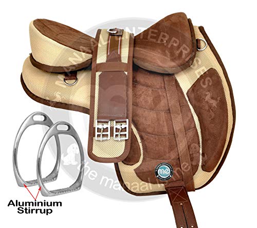 ME Enterprises Synthetic Treeless FREEMAX English Horse Saddles Get Girth, Leather Straps, Aluminium Stirrup, Nylon Rope Halter, Size 14-18 Inch Seat Available (17.5″ Inches Seat, Beige Brown_1)