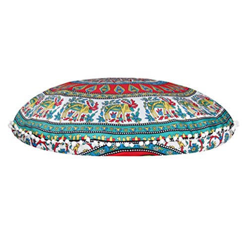 KMG Kimloog Round Pillow Cover, Decorative Mandala Pillow Sham, Indian Bohemian Ottoman Poufs, Outdoor Cushion Cover, Pom Pom (G) - Thumbnail 5