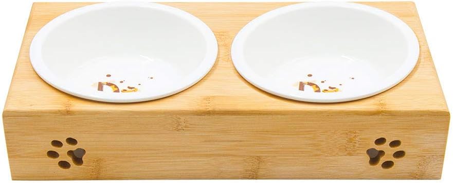 MLCINI Raised Dog cat Bowls with Stand, Solid Bamboo Non Slip Elevated Dog cat Bowls and 2 Stainless Steel Food Water Bowls for Small Medium Dogs Cats pet