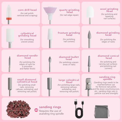 Nail Drill 35000RPM, 12 in 1 Electric Nail Mill Professional | Nail Cutter, LED Screen, 12 Accessories, 9 Speed, USB-C Rechargeable Wireless Nail Mill with Ceramic Tip