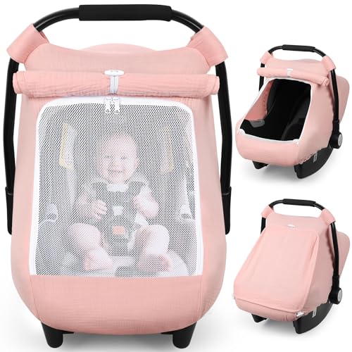 Rquite Car Seat Cover Baby, Carseat Covers Girl Boy, Breathable Muslin Cotton, Large Mesh Window, Infant Car Seat Canopy Baby Carrier Cover Stroller Sun Shade for Summer & Hot Day, Pink