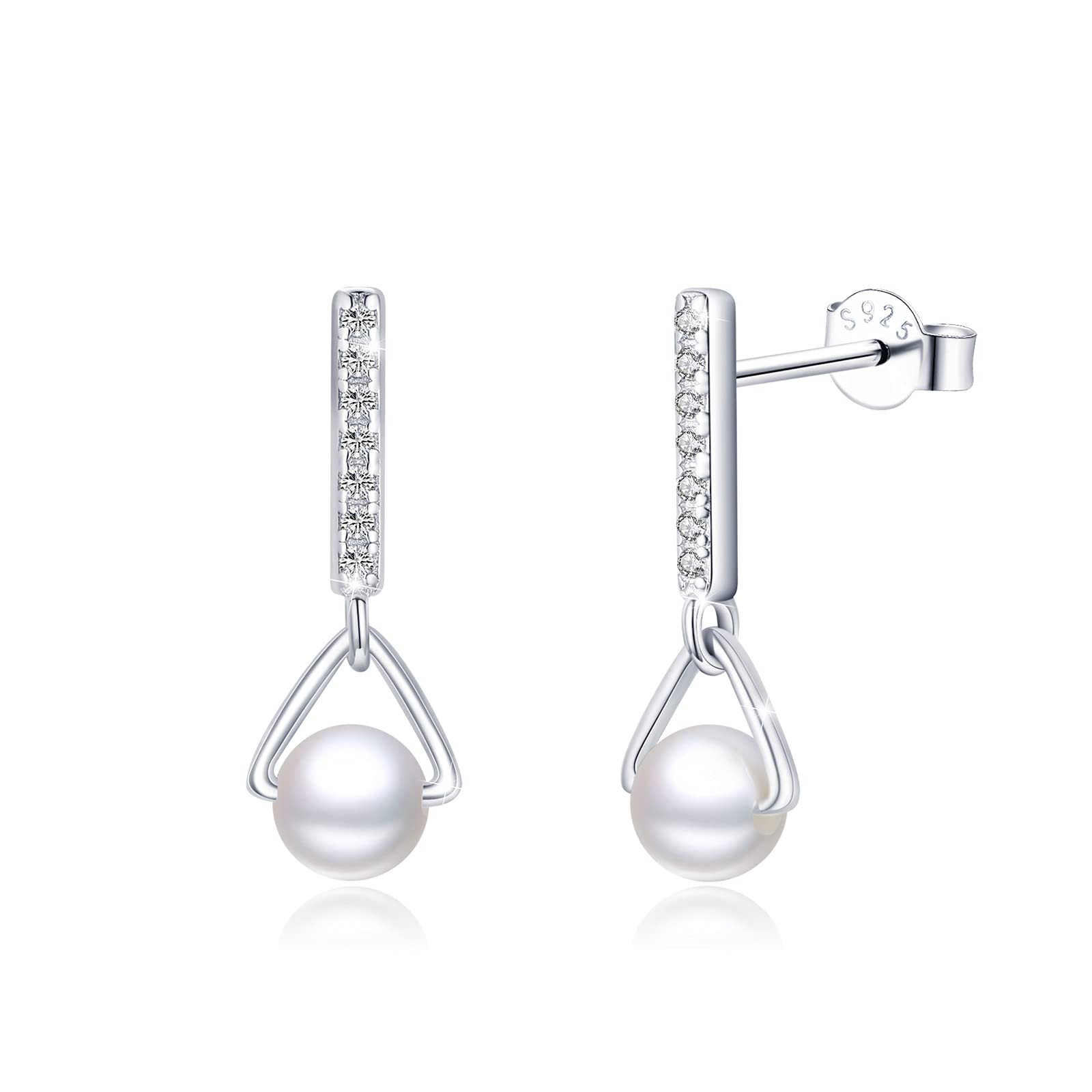 Pearl Earrings 925 Sterling Silver Hypoallergenic Cubic Zirconia Stud Earrings Pearl Drop Earrings Cubic Zirconia Jewellery Gifts for Women Girls