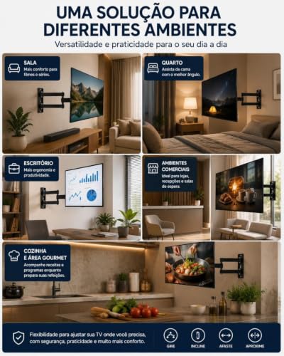 Suporte Articulado para TV 32 a 55 Pol Universal Ajustável até 30kg | Ajuste livre, Metálico, Padrão Vesa, Suporte articulado, Parede TV, 32 a 55 polegadas, Até 30kg