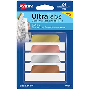 Avery Ultra Tabs Repositionable Margin Tabs, Two-Side Writable, 2-1/2 x 1, Metallics, 24 Tabs (74786)