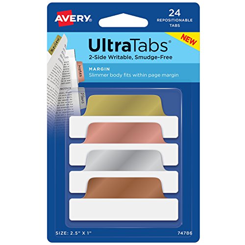 Avery Ultra Tabs Repositionable Margin Tabs, Two-Side Writable, 2-1/2 x 1, Metallics, 24 Tabs (74786)