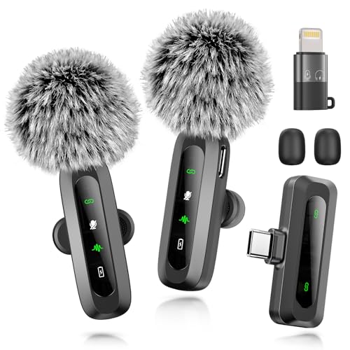 Mini Microphone for iPhone, iPad, Android Phone, 2 Pack Wireless Lavalier Microphone with Noise Reduction, Plug-Play Wireless Mic for Video Recording, Interview, YouTube, TikTok