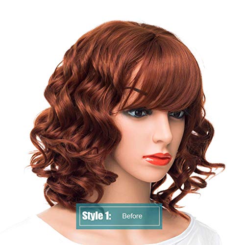 Summer 2 Style Short Hair Wigs For Women, Upgrade Of Fox Red Curly Synthetic Hair Wigs With Bangs (Red Brown) - Thumbnail 3