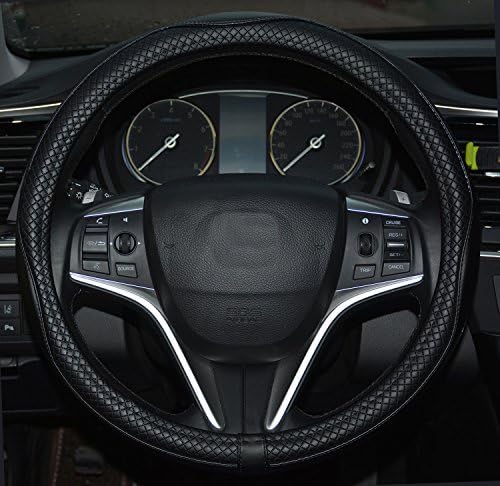 Rueesh Microfiber Leather Car Steering Wheel Cover, Soft Padding, Durable, No Smell, Universal 15 Inch Steering Cover, Anti-slip Embossing Pattern A, Black with Black Line