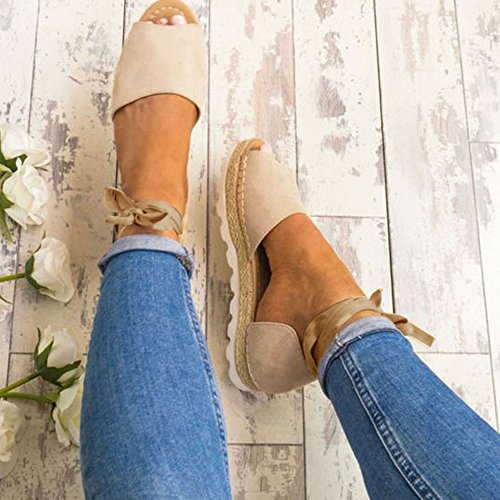 Sunyastor Womens Espadrilles Lace Up Flat Shoes Platform Ankle Strap Wrap Summer Sandals Peep Toe Chunky Holiday Shoes Beige