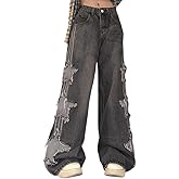 Y2K Baggy Ripped Jeans for Women – Wide Leg Butterfly Print & Star Patch Distressed Denim Pants High Waist Streetwear
