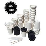 Pack of 100 - Premium Disposable Paper Coffee Cups with Reclosable Lids, Stirrers Included - 12 Ounce - Perfect for Offices, Party Events, Shops and Travel