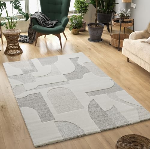 Tapis Mia's Theo - Tapis Moderne à Poils Courts, Effet Haut/Bas, Effet 3D, Haute densité de Poils, Doux, Design géométrique, Crème, 160 x 230 cm