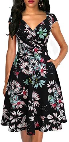 Lyrur Women's Elegant Ruched V-Neck Flared A-Line Cap Sleeves Swing Casual Party Cocktail Dresses with Pockets
