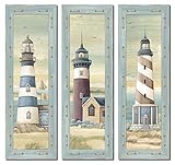 Set of 3 Lighthouse Art Prints Beach Country Coastal Décor- Three 6x18 Wood Mounted Prints