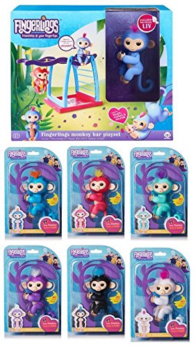 Bundle - 7 Items: 6 Fingerlings Interactive Pet Baby Monkey and 1 Monkey Bar Playset with 7th Fingerling