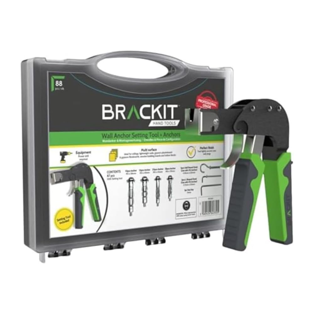 Brackit Plasterboard Fixing 88 Piece Wall Anchor Setting Tool Kit - in Carry Case with Instructions – for Cavity, Drywall & and Wall Mounting Includes Wall Hooks
