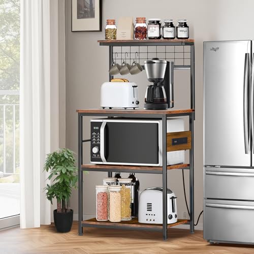 FURRIFIC Alacenas para Cocina con Estación De Carga, Muebles para Cocina con Altura Regulable, Estante para Cocinas para Horno Microondas, 6 Ganchos, 4 Tipos de Regulación de Altura, Sala, Oficina...