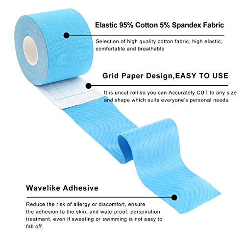 MUEUSS Kinesiology Tapes Waterproof Hypoallergenic Breathable Elastic Roll for Knee Ankle Muscles Elbow Shoulder Latex Free 16.5 ft Uncut (Blue, 1 pc/Set)