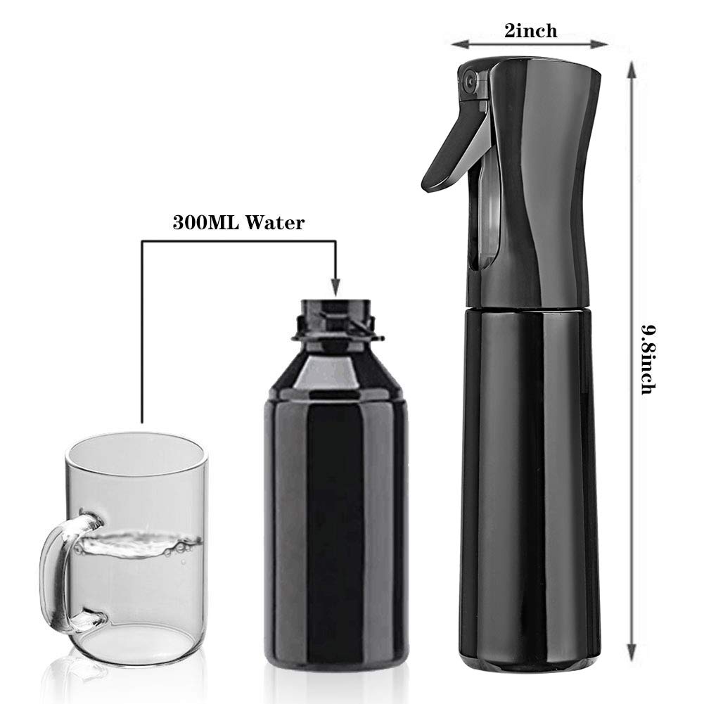 Hair Spray Bottle Empty Plastic Trigger Spray Bottle Refillable Fine Mist Sprayer Bottle 2 Pack 10oz /300ml for Hair Styling, Cleaning, Garden Continuous Water Mister (Black+White)