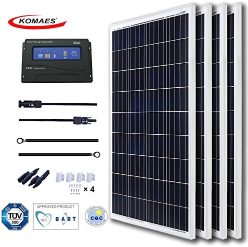 KOMAES 400 Watts 12Volts Polycrystalline Solar Panel With Energy-efficient Tech Kit Includes 20Amp PWM Solar Charge Controller, 20ft Tray Cable, 20ft MC4 Cable, Branch Connector, Mounting Z Brackets