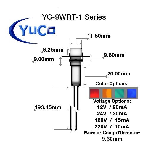 Yuco YC-9WRT-1G-24-10 Mini Indicator Light 9mm Cylindrical Cap Wire-Base Ring + Nut AC/DC Pack of 10 (Green, 24V)