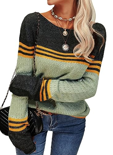 Tankaneo Women's Knitted Sweater Long Sleeve Round Neck Striped Slim Fit Knitwear