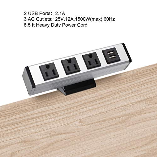 BTU Desk Clamp Power Strip, Desktop Power Outlet Clamp Mount with 2 USB