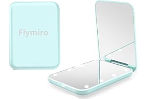 FLYMIRO LED Lighted Travel Makeup Mirror, 1x/3x Magnification, Compact, Portable for Handbag, Purse, Pocket, Folding, Handheld, 2-Sided, Small Mirror with Lights (Cyan)
