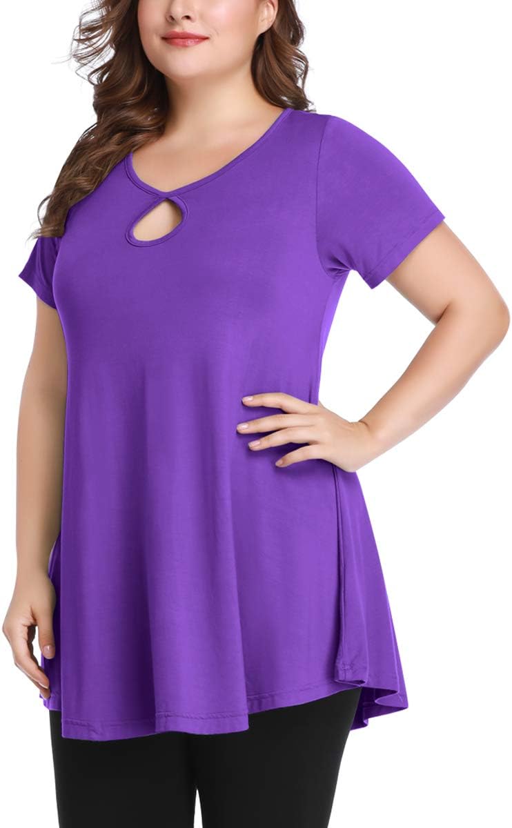 MONNURO Womens Short Sleeve Flare Swing Tunic Tops Plus Size Casual Loose Fit Shirts Blouses L-5X