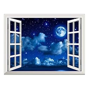 Removable Wall Sticker/Wall Mural - Super Moon in Starry Sky with Clouds and Sea | Creative Window View Home Decor/Wall Decor - 24"x32"