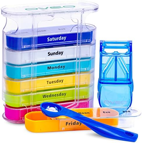 OVEO Pill Organizer - Weekly Case with Pill Splitter Cutter – Medium Medicine Dispenser - Holder – Medication Reminder Daily Am PM, Day Night Compartments 7 day + Spoon (Product name + Spoon)