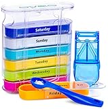 OVEO Pill Organizer - Weekly Case with Pill Splitter Cutter – Medium Medicine Dispenser - Holder – Medication Reminder Daily Am PM, Day Night Compartments 7 Day + Spoon (Product Name + Spoon)