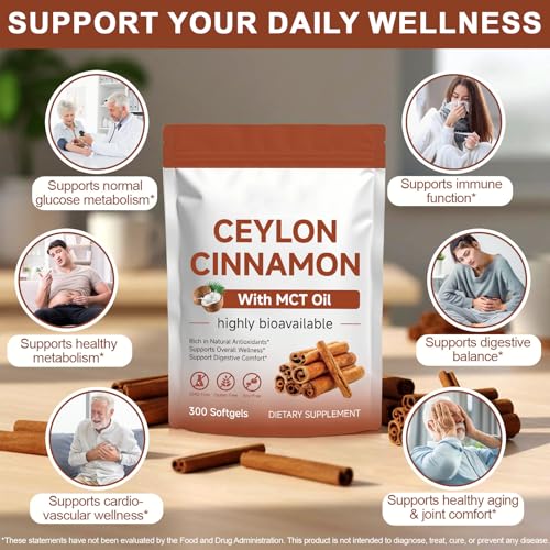 Ceylon Cinnamon Capsules 300 Pcs with MCT Oil, High Bioavailability for Anti-Oxidant, Overall Vitality & Digestive & Metabolic Support, Health Management