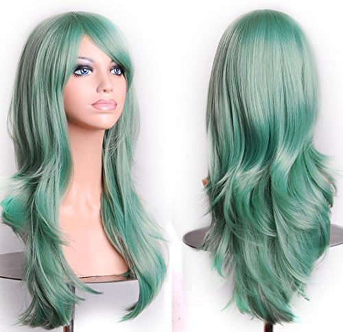 Wigood 28 inch Green Long Curly Hair with Air Bangs Cosplay Wig with Free Wig Cap for Women