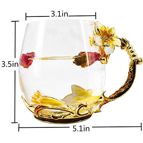 Tea Cup Coffee Mug Cups, Creative Lily Flower Glass Tea Cup, Handmade Tea Mug, Unique Personalized Birthday Present Ideal for Friend Wedding Anniversary Christmas Birthday - 12OZ Yellow