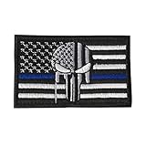 Tactical American USA Flag Patch, Embroidered Velcro US Military Police Law Enforcement (Punisher Skull Flag Thin Blue Line)