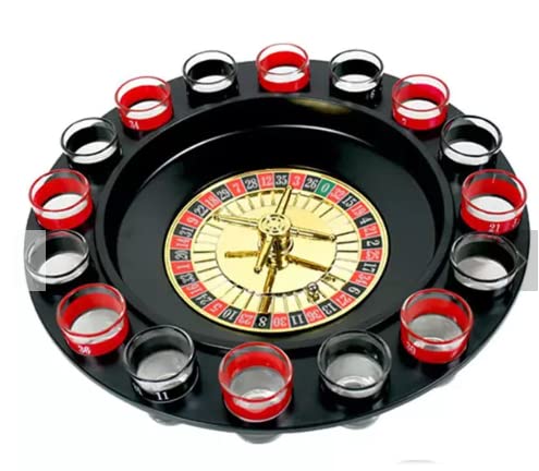 REQUISITE NEEDS Roulette Drinking Game for Parties, 16 Numbered Black and Red Glasses Sturdy Roulette Spinning Game Set - Securely Package - 2 Metal Balls Included (1)