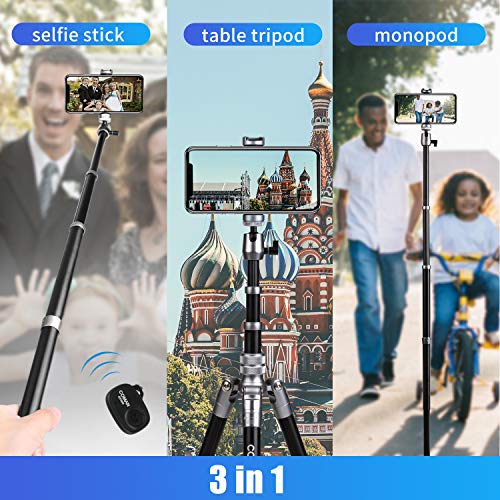 Travel Tripod, 3 in 1 Portable Lightweight Selfie Stick Tripod Monopod with 360 Degree Ball Head for iPhone, DSLR Cameras