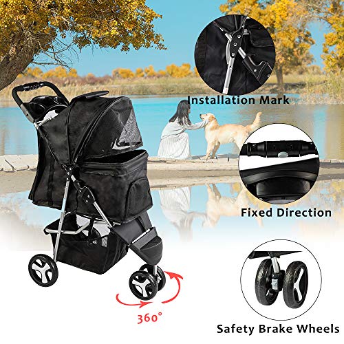 Besthls Pet Stroller for Cats/Dogs, 3 Wheel Dog Stroller with Removable Liner, Storage Basket and Cup Holder, Bonus Rain Cover