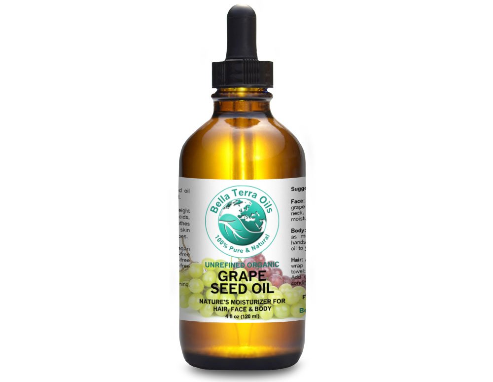 SALE! Grape Seed Oil 4oz 100% Pure Cold-pressed Unrefined Organic Hexane-free Natural Moisturizer for Skin Hair. Non-comedogenic. Great for sensitive, acne-prone skin. Fast-absorbing. Bella Terra Oils