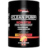GMU SPORT Clean Pump Non-Stim Pre-Workout, 8G Citrulline, 300MG Alpha GPC - Natural Pre Workout for Men and Women - Non-Stimulant PreWorkout with Amino Energy and Endurance, 30 Servings, Fruit Punch