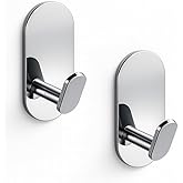 Adhesive Towel Hooks for Bathrooms 2 Pack Polished Chrome Stainless Steel and Zinc Alloy Sticky Wall Hooks for Hanging Heavy Duty Self Adhesive Robe Shower Hanger for Kitchen, Closet, Cabinet, Door