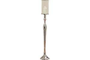WHW WHOLE HOUSE WORLDS Old World Grand Hotel Pillar Candle Holder, Floor Candelabra, Silver Aluminum Nickel, 43 Inches Tall, Includes Stand and Glass Sleeve