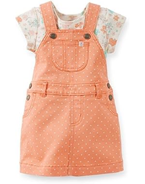 Baby Girls' 2 Piece Mini Blues Denim Peach Overall Dress Set (12 Months)