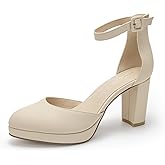 IAMQOO Women's Pumps, 3.2 Inch Low Closed Toe Heels,Chunky Heels for Women with Ankle Strap, Soft Dressy Shoes for Office,Wedding, Party
